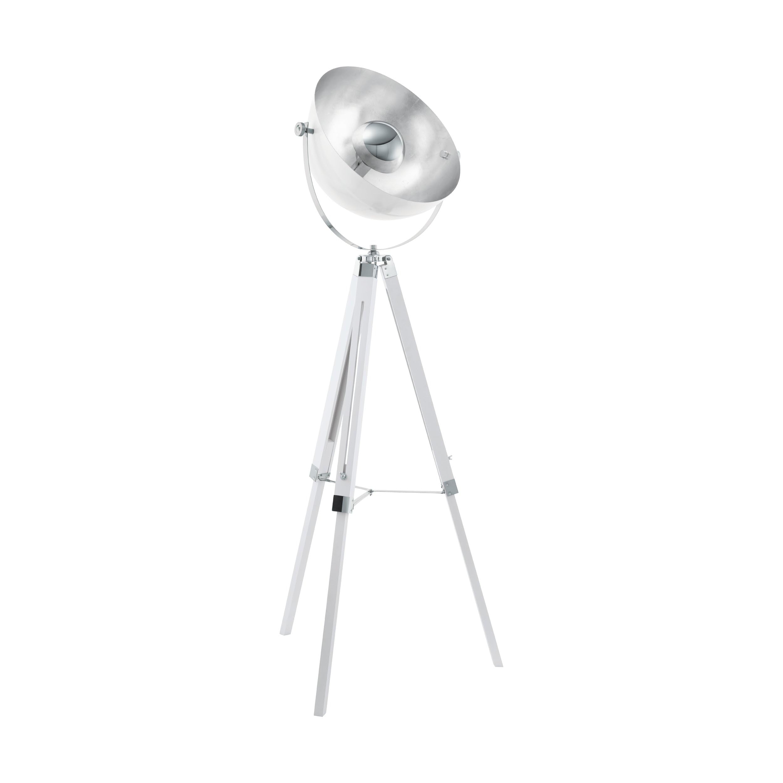 EGLO trójnożna lampa podłogowa CovaLEDa, 1-płomienna oświetlenie podłogowa vintage, lampka podłogowa z drewna i stali, kolor: biały, srebrnyi chrom, oprawka: E27, z wyłącznikiem