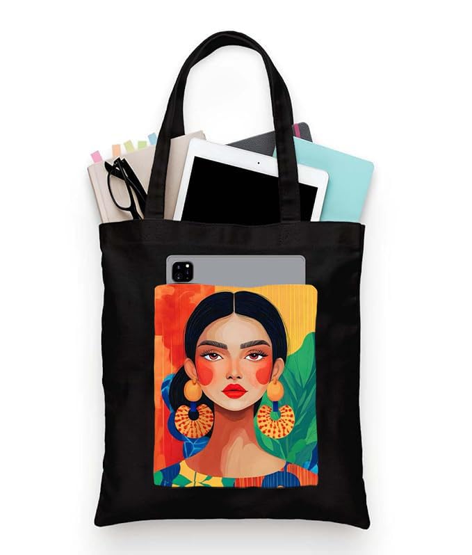 Image of Black Tote Bag With Pocket Printed Designed Canvas Tote Bags For Women large capacity,Tote bag For Shopping, College, Travel, More Canvas Handbag For Unisex Bag