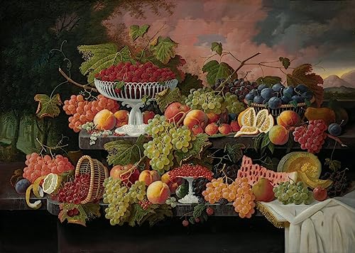 Tableau nature morte à deux niveaux fruits et paysage coucher du soleil sur toile 60x90cm