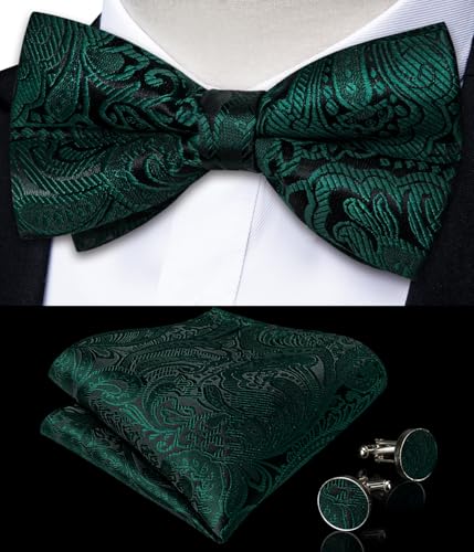 Image of DiBanGu Paisley Pre-Tied Bow Ties for Men Silk Adjustable Bowtie and Pocket Square Cufflinks for Wedding Party