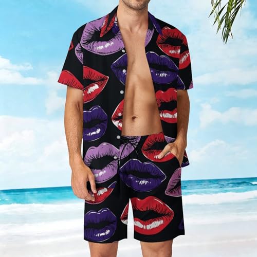 Camisa y pantalones cortos de hombre transpirables con estampado de labios llamativo 4