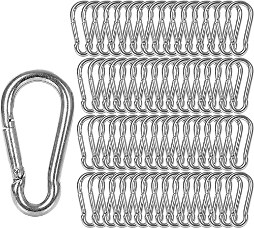 FWEEK 60 Pack M6 Spring Snap Hook Carabiner,Heavy Duty Carabiner Clip D Ring Locking Carabiners for Outdoor Camping, Swing, Hammock, Hiking, Sliver (500Lbs Capacity)