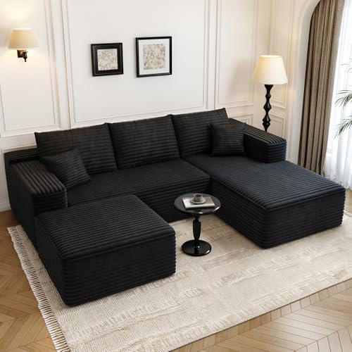 Image of 107.5 inch Cloud Modular Sectional Sofa with 1 Ottoman,Modern Minimalist Upholstered Couches, Comfort U Shaped Sofa for Living Room,Deep Seat Corner Couch,No Assembly Required (Black,Right Facing Chaise)