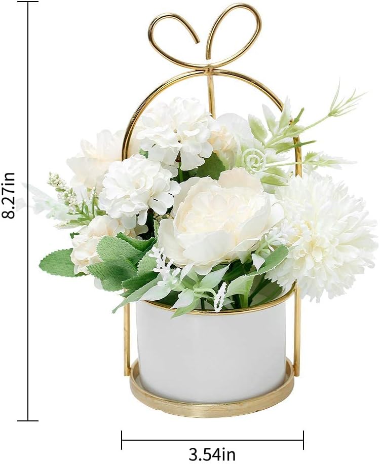 Artificial Flowers Hydrangea with Ceramic Vase Silk Chrysanthemum Mini Potted Fake Flowers Hanging Potted Plants for Wedding Home Office Decoration Pack of One (White)