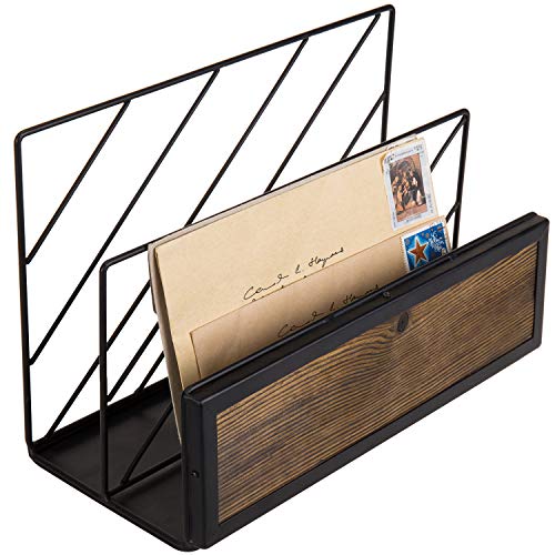 MyGift 2-Slot Modern Black Metal Wire & Burnt Wood Tabletop Mail Sorter Rack, Magazine Holder Organizer