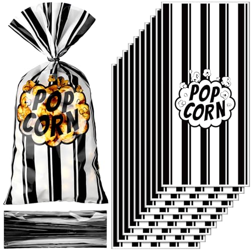 Image of 400 Pcs Popcorn Bags Bulk Movie Night Pop Corn Plastic Bags for Popcorn Machine Pop Corn Snack Containers with Twist Ties for Carnival Graduation Party Supplies (Retro,Black)