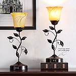 Touch Control Table Lamp with 2 USB Charging Ports, 3-Way Dimmable Bedside Nightstand Lamps, Amber Glass Shade Vintage Rural Leaf Lamp for Living Room, Bedroom, Dresser, LED Bulb Included (Bronze) - Image 3