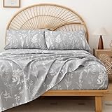JANZAA Queen Sheet Set Floral - Gray Bedding Size Sheets Set - Microfiber Pattern Deep Pocket - Premium Bed Floral Sheets Adjustable - Luxury Soft Sets with High Thread Count