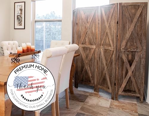 Image of Premium Home 4-Panel Room Divider - Rustic Brown Barn Door, X Pattern Folding Privacy Screen, Partition Wall