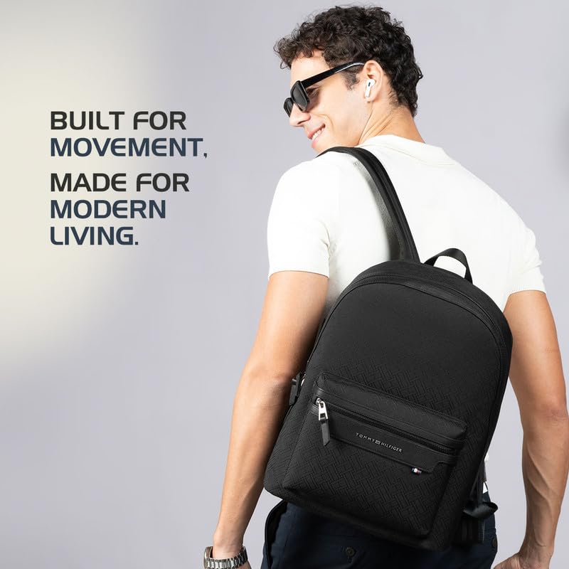 Image of Tommy Hilfiger Unisex Laptop Backpack Flexon - Black | 14 inch Padded Tech Sleeve | Eva Laminated Jacquard Twill With Rwb Webbing & File Organiser | Backpack For Office, College & Work | 23L Capacity