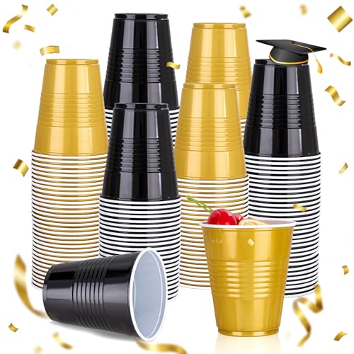 WELLIFE 100 Pack Black & Gold Plastic Cups - Disposable Party Cups Food-Grade Material 12 OZ Perfect for Parties Picnics and BBQ