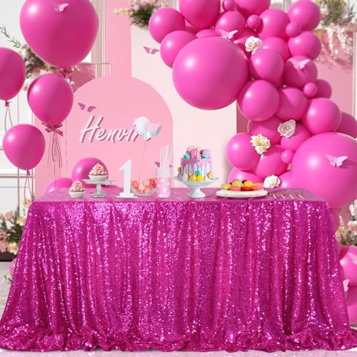 Image of B-COOL Fuchsia Sequin Tablecloth 90x90 Inch Square Glitter Tablecloth Wedding Table Cloth Birthday Party Decoration Indoor Outdoor Event