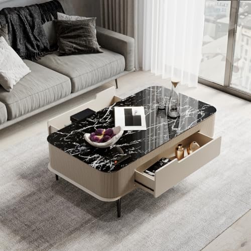 Image of DecorNation Valencia Faux Marble Coffee Table Champagne Cream | Elegant Center Table with Two Drawer Storage | PVD Coated Legs | Premium Living Room & Lounge Furniture for Home Decor Lovers