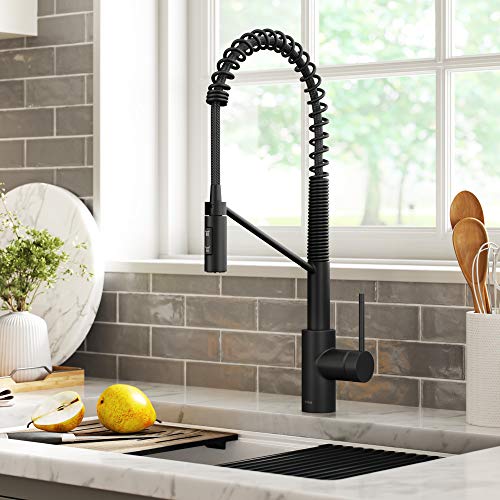 Image of KRAUS Oletto Commercial Style Single Handle Pull Down Kitchen Faucet with QuickDock Top Mount Installation Assembly in Matte Black, KPF-2631MB