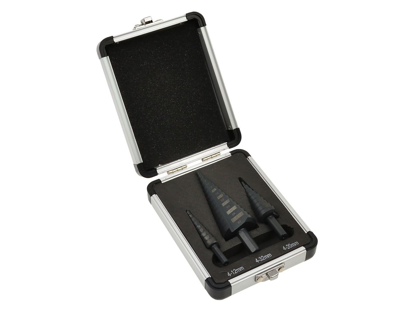 BSD Juego de brocas cónicas HSS M2 de alta precisión (3 piezas, 4-12mm, 4-20mm, 4-32mm) - Ideal para metal y plástico en maletín de aluminio robusto.