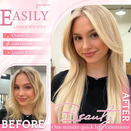 Image of Clip in Hair Extensions Real Human Hair, Human hair Clip ins Extensions | Seamless Invisible Human Hair Extensions Clip ins Straight 8Pcs Double Weft Dark Blonde Highlight Bleach Blonde 24 inch 120g
