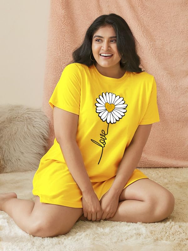 Image of Fflirtygo Women's Cotton Nighty | Printed Knee Length Nighty | Short Sleeve Nighty | Short Nightdress | Long T-Shirt | Regular Fit Night Gown | Nightwear | Sleepwear & Casual Wear Nighty