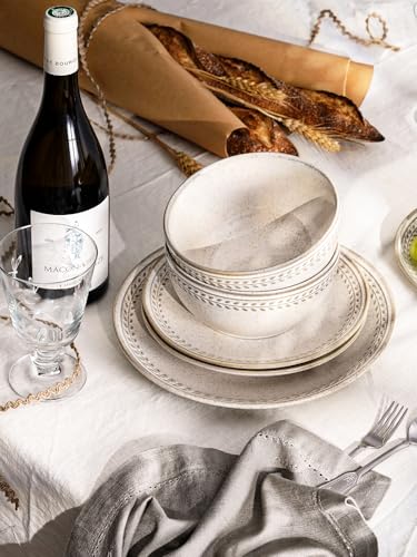 Image of LE TAUCI 24 Piece Dinnerware Sets for 8, Large Plates and Bowls Sets, Ceramic Dishes Set for 8, Modern Stoneware Tableware, Chip Resistant, Ideal for Hosting, Reactive Beige (8 inch&10 inch Plate, 27oz Bowl)