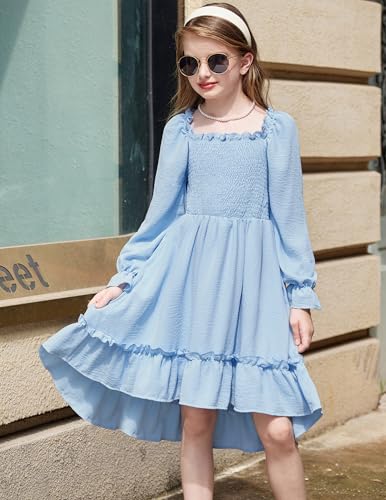 Arshiner Girls Dresses Puff Long Sleeve Fall Winter Smocked High Low Swing Midi Dress with Pockets3