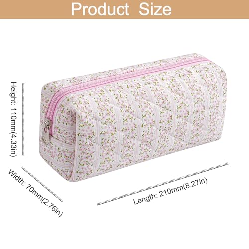 Cute Floral Cotton Makeup Brush Cosmetic Bag for Women, Travel Quilted Zipper Make Up Bag, Flowers Toiletry Organizer Case Kawaii Makeup Cosmetic Travel Cloth Pouch (Pink Floral)4