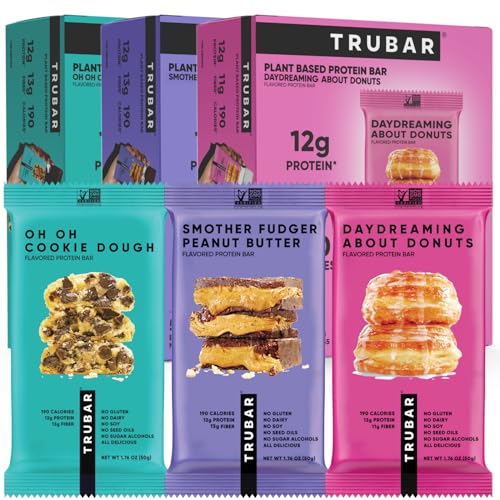 TRUBAR Vegan Protein Bars 15 Count Variety Pack Oh Oh Cookie Dough Daydreaming About Donuts & Smother Fudger Peanut Butter Gluten Free Plant Based Dairy Free High Fiber On-the-Go Healthy Snack Bars