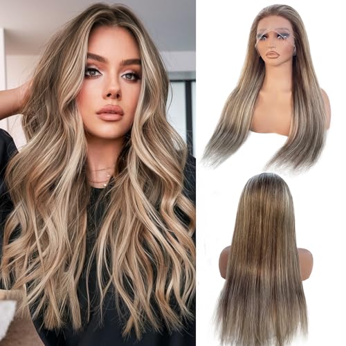 Image of Munx Ash Blonde Lace Front Wig Human Hair for White Women, Pre Plucked 13x4 Ombre Highlight Wig Human Hair Natural Hairline Full 180% Density Brown and Blonde Glueless Frontal Wigs 16 inch