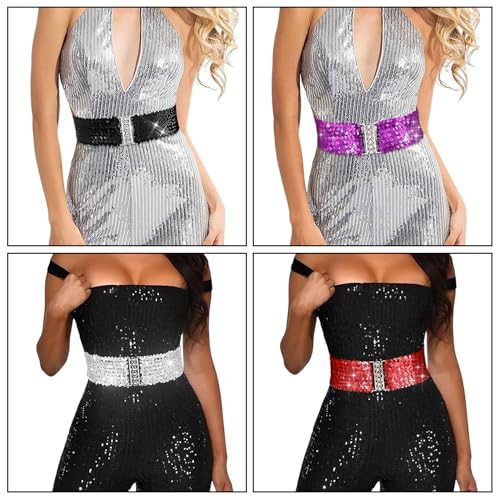 RARITYUS 4 Pack Women's Sparkly Sequin Elastic Waist Belt Glitter Wide Dress Belt Stretch Cinch Belt for Disco Party Costume2