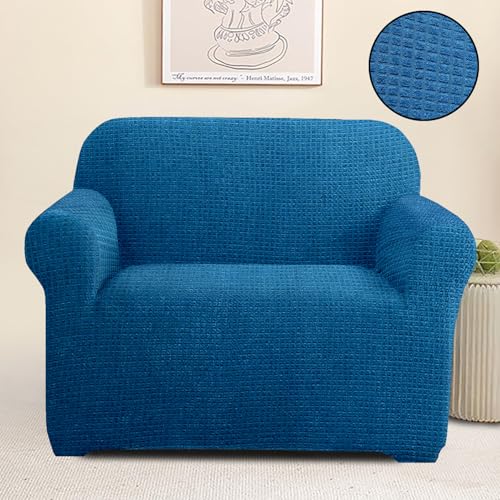 Amazon Brand - Solimo 100% Jacquard Striped Design Sofa Cover | Stretchable & Washable Slipcover | Single Seater Sofa Cover (Blue)