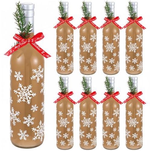 Mimorou 8 Pack Christmas Coquito Glass Wine Bottle Sets 750ml Empty Clear Liquor Coquito Bottles with Ribbon Artificial Branches for Liquids Milk Eggnog Xmas Gifts Christmas Party Supply (Snowflake)
