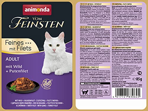 animonda vom Feinsten mit Filets, Katzenfutter nass mit Wild + Putenfilet, 18 Portionsbeutel (18 x 85g), getreidefreies Katzen Nassfutter ohne Zucker, mit fleischigen Zutaten