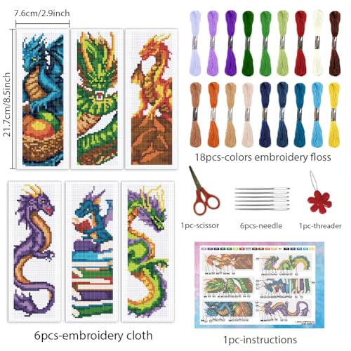 Image of INFUNLY 6PCS Dragon Cross Stitch Bookmark Kit for Adults Books Cross Stitch Kits DIY Crossstitch Kits Flying Dragons Stamped Embroidery Bookmark Kit with Instructions for Book Lovers Readers