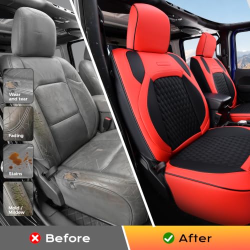 Image of Coverado Seat Covers for 2018-2026 Jeep Wrangler, Waterproof Leather Car Seat Covers, Custom Seat Cushion Protector Custom Fit for Jeep Wrangler JL 4 Door Sahara Sport Rubicon, Full Set, Red