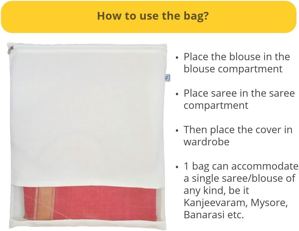 Reusable Cotton Saree Cover with Blouse compartment big size for Storage, Wardrobe Organizer bags saree bags cotton (17x17 inches, 24)