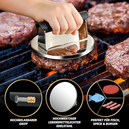 Foto von Burgerpresse Edelstahl | Burger Smasher mit hitzeresistentem Griff | Spülmaschinenfeste Burgerpresse | Professionelle Patty Presse perfekt zum Grillen/Braten von Fleisch | Smash Burger Presse