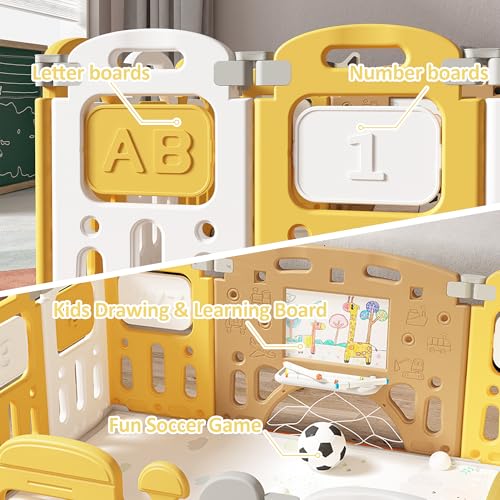 Image of Dawnwake Assembly-Free 14 Panel Playard, Baby Playpen Fence with Crawling Mat and Football for Baby Upto 8 Years with Safety Locking Door & Drawing Board (150x150cm, Foldable) -Yellow