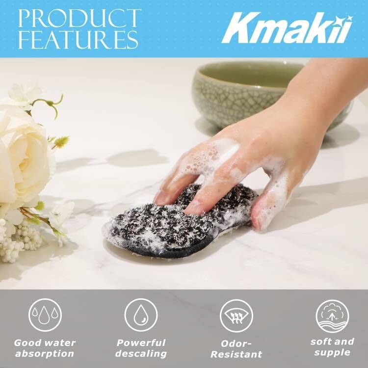Image of KMAKII Bamboo Fiber Scrub Sponges, Non-Scratch & Durable,6.3 x 3.1 inches , Black, 4-Pack