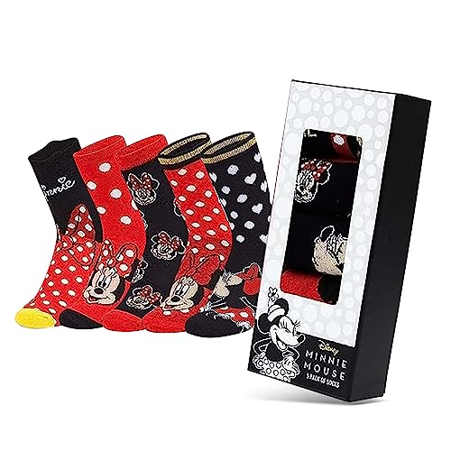 Disney Stitch Damen Socken, bunte warme Strümpfe mit Motiv, Geschenke für Frauen, Teenies, 5er-Pack (35-41 EU, Rot/Schwarz Minnie Mouse)