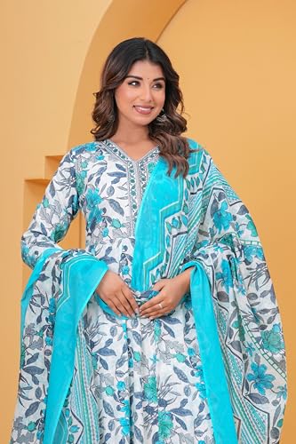Image of Women's Indigo Blue Printed Anarkali Kurta with Palazzo Set, Long Sleeve V-Neck Ethnic Wear (IN, Alpha, 2XL, Regular, Sky Blue)
