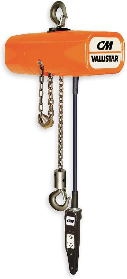 CM Valuestar Electric Chain Hoist, Single Phase, Hook Mount, 1 Ton Capacity, 10' Lift, 16 fpm Max Lift Speed, 1-1/8" Hook Opening, 115V
