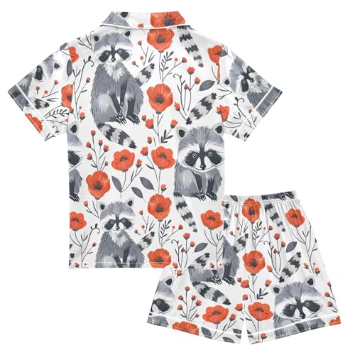 ALAZA Raccoon Blossom Floral White Satin Pajamas Set Short Sleeve Button Down Sleepwear Summer Pjs 2 Piece2