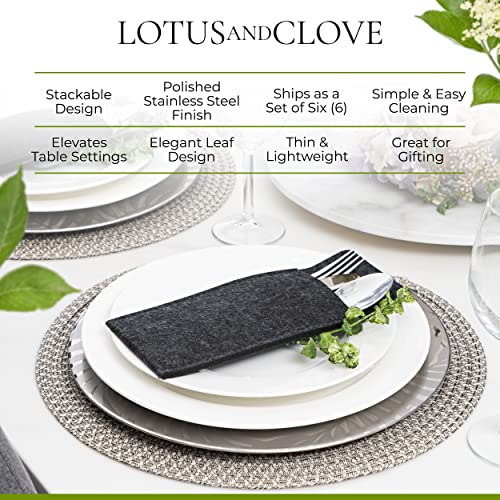 Stainless Steel Elegant Silver Charger Plates Set Of 6 - Decorative, Unique Leaf Charger Plates For Dinner Table At Weddings & Parties - Metallic Mirrored Chargers, 13" #TOP4