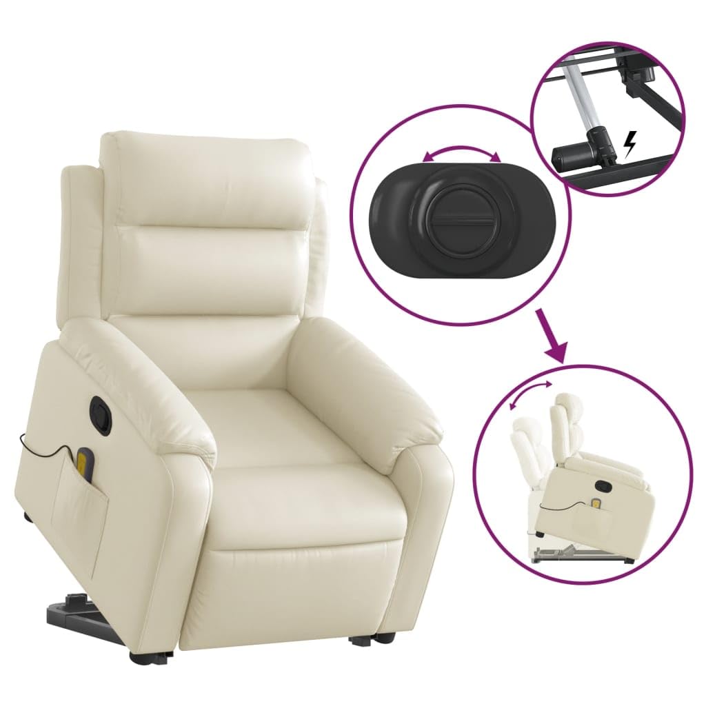 Sillón elevador reclinable con masaje de 6 puntos y función de elevación eléctrica, de piel sintética, color crema, respaldo ajustable manualmente y estructura estable