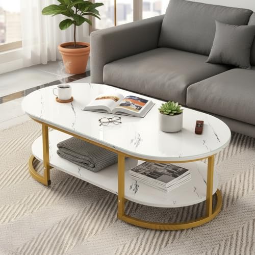 Image of RIZIK Stores Coffee Table - Modern 2-Tier Center Table with Engineered Wooden Top & Metal Frame, Living Room Sofa Table, Elegant Cocktail Table for Home, Office, Dining (White)