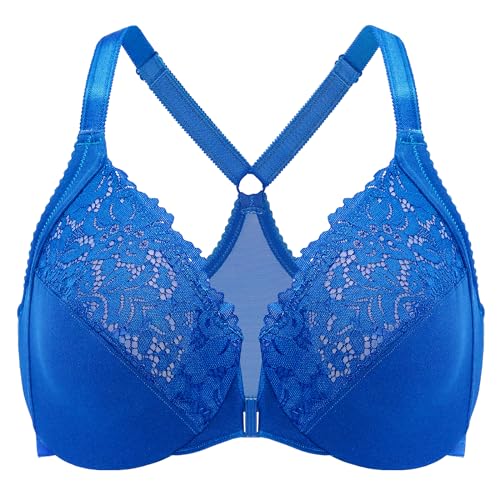 DELIMIRA Femme Soutien Gorge Fermeture Devant Grande Taille avec Armature Dos Nageur Dentelle Bleu Étincelant 100C