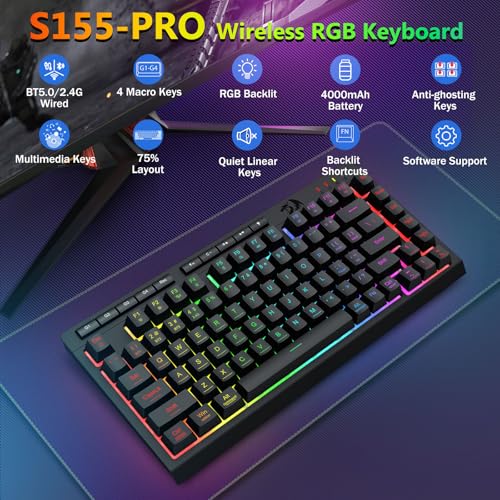Image of Redragon Wireless Gaming Keyboard and Mouse Combo, Bluetooth /2.4G /USB-C Wired, RGB Backlit, 75% Portable Quiet Rechargeable Macro Membrane Keyboard & 12800 DPI Mouse with Software for Win /MAC