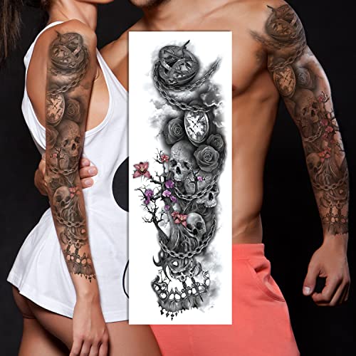 Oehok Temporary Tattoos, Extra Large Full Arm Fake Tattoos, Cool Waterproof Tattoo Stickers, Body/Leg/Arm Makeup Lasting Tattoos Sleeve for Adult/Man/Women/Girl, Fashion Black Skull Flowers Pumpkin 3D Realistic Temp Tattoo