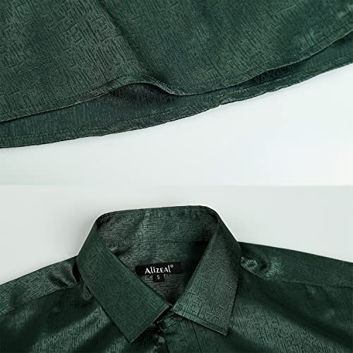 Alizeal Mens Shiny Satin Luxury Jacquard Business Casual Long Sleeve Button Down Shirt Irregular Plaid, Dark Green-M #TOP4