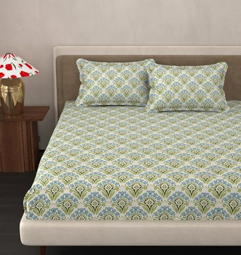 Image of VOMZER Queen Size (60x78) 300 TC Soft Cotton Feel Microfiber All Around Elastic Fitted Queen Bedsheet with 2 Pillow Covers |Aqua Mint