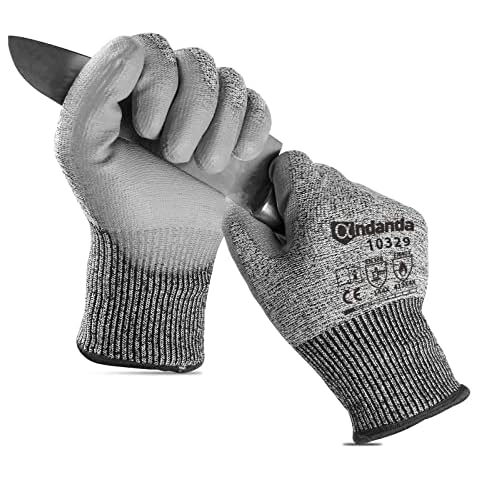 ANDANDA Cut Resistant Gloves Level 5, PU Coated Work Gloves with Power Grip for Dry & Slightly Oily Environment, Garden, 9L, Grey Cover