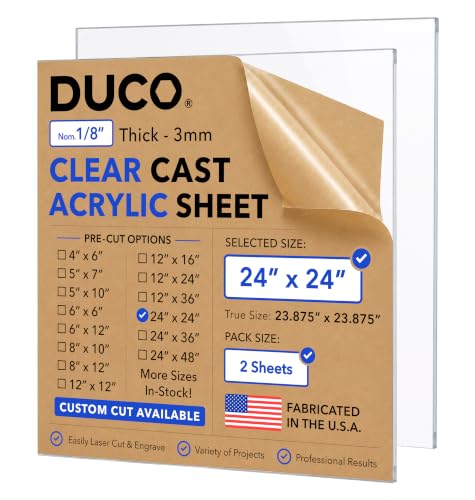 Duco 1/8" Clear Cast Acrylic Sheets, 24"x24" Plexiglass Sheets, 2 Pack